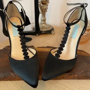 Betsy Johnson I Do black satin strapped heels